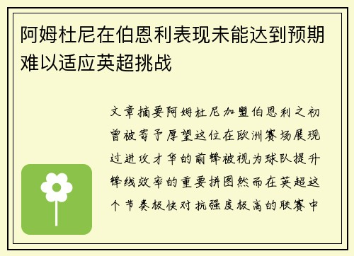 阿姆杜尼在伯恩利表现未能达到预期难以适应英超挑战 阿姆杜尼在伯恩利表现未能达到预期难以适应英超挑战
