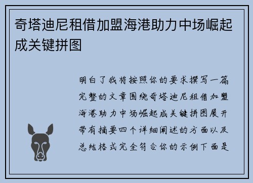 奇塔迪尼租借加盟海港助力中场崛起成关键拼图 奇塔迪尼租借加盟海港助力中场崛起成关键拼图